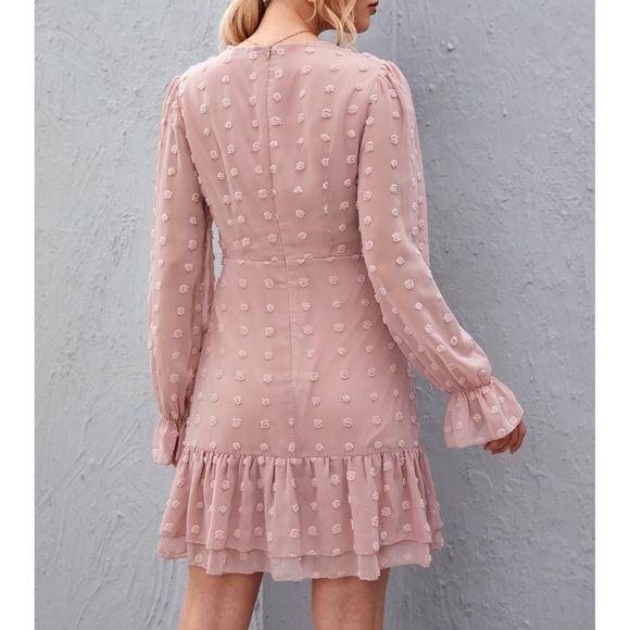 Dusty Pink Lace Insert Swiss Dot Layered Dress - Picture 2 of 6